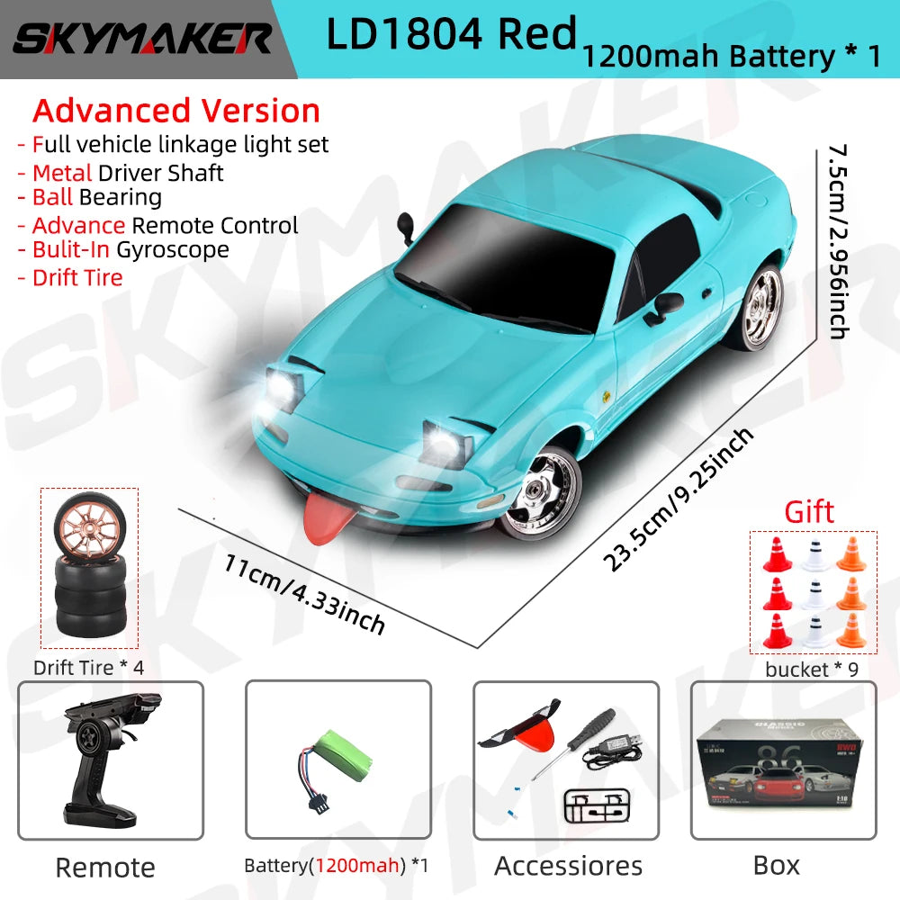 Skymaker LDRC LD1804 1/18 RC Drift Car MX5 2.4GHz RWD With ESP Gyroscope On-Road LED Lights Full Scale RC Cars Children Toy Gift