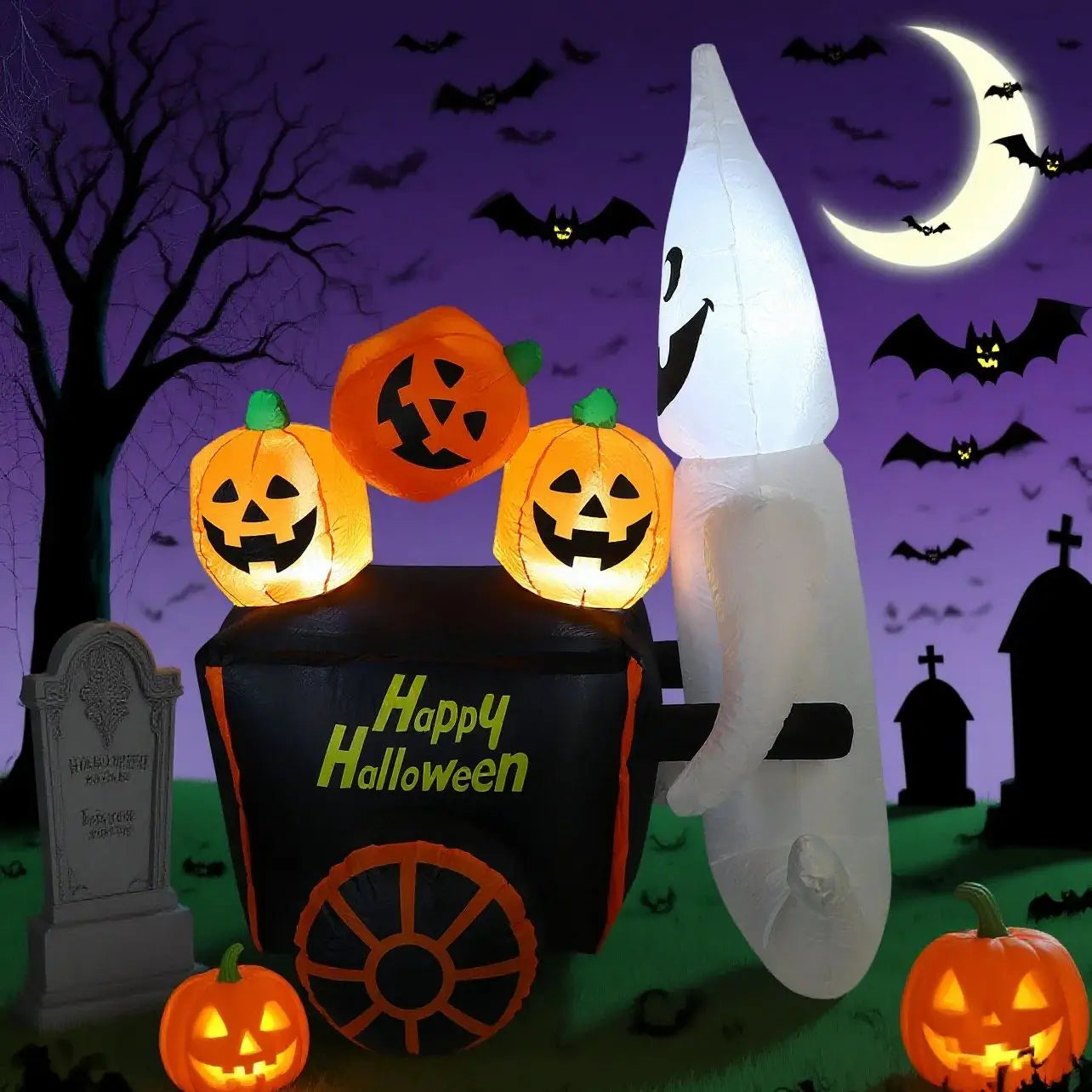 Halloween Decorations Outdoor Inflatable White Ghost Pumpkin Car Blow Up Yard With Built-In LED Lights for Holiday Party Indoor