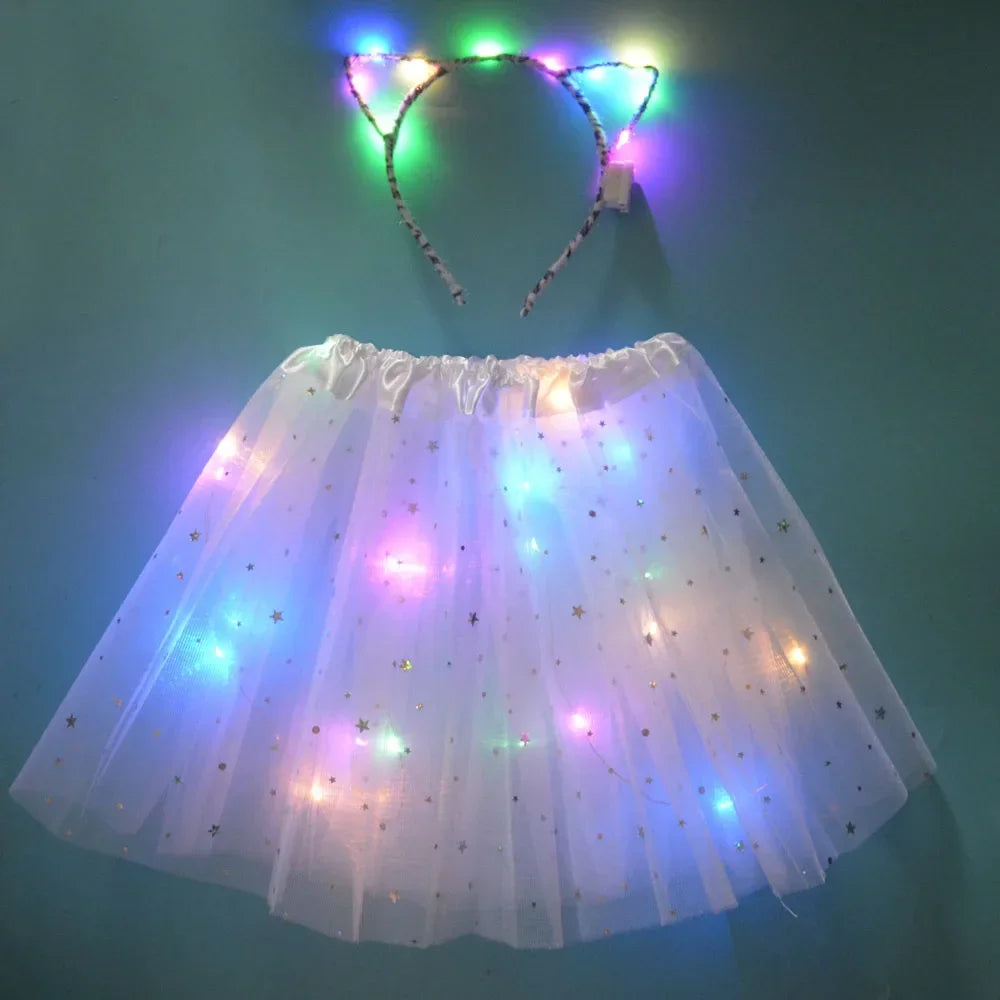 Light Up LED Kids Women Girl Animal Cat Leopard Ears Headband Tutu Skirt Costume Glow Party Christmas Halloween Festival