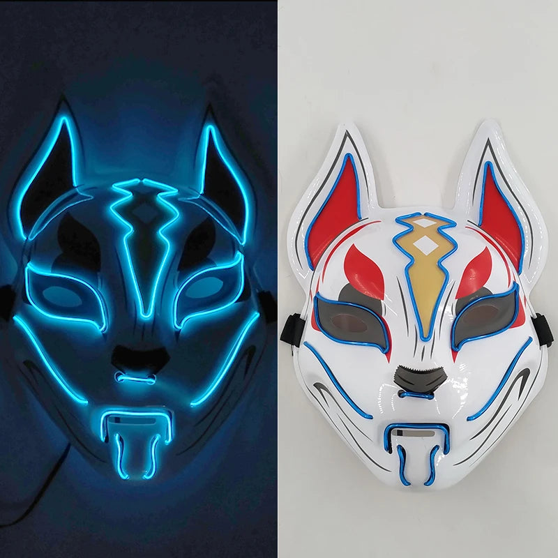 Glowing Demon Slayer Mask Cosplay Japanese Cartoon Neon Light Samurai Mascara Luminous Led Fox Mask for Halloween Christmas