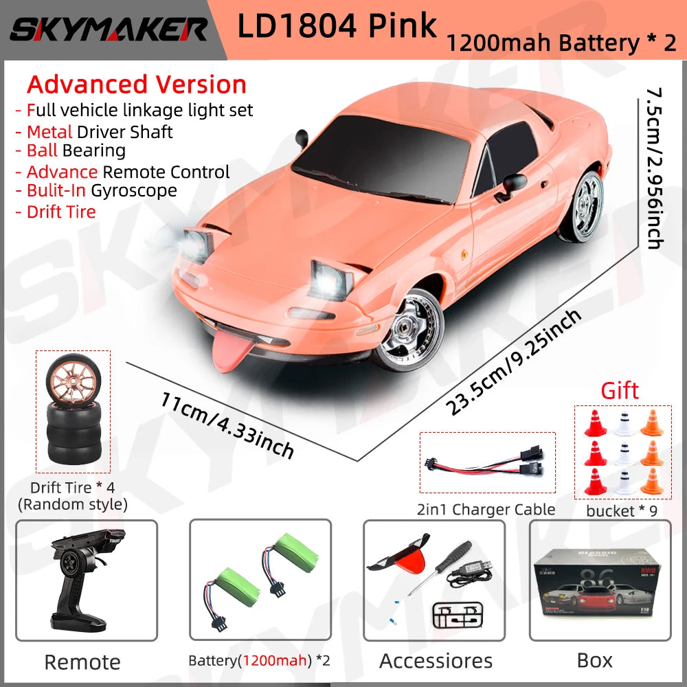 Skymaker LDRC LD1804 1/18 RC Drift Car MX5 2.4GHz RWD With ESP Gyroscope On-Road LED Lights Full Scale RC Cars Children Toy Gift
