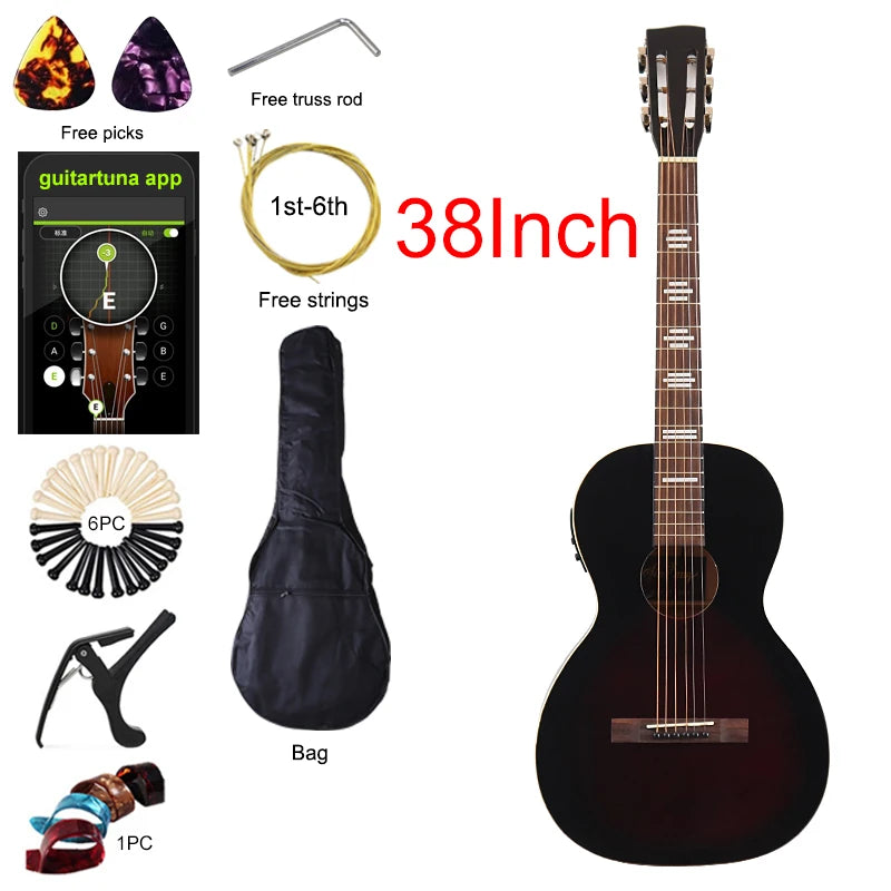 Travel Guitar 36 Inch Acoustic Guitar 6 String Mini Guitars Brown and Natural Color Folk Guitar Full Sapele