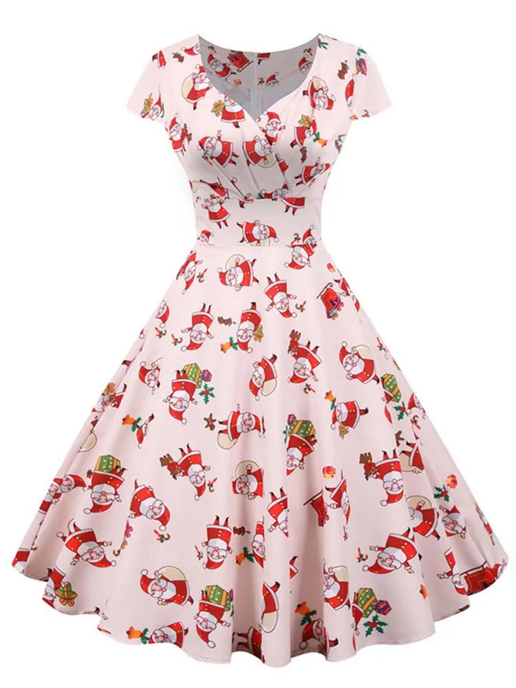 White Print Vintage Christmas Dress Women Winter Big Swing Elegant Short Sleeve v Neck Sexy New Year Party Sundress