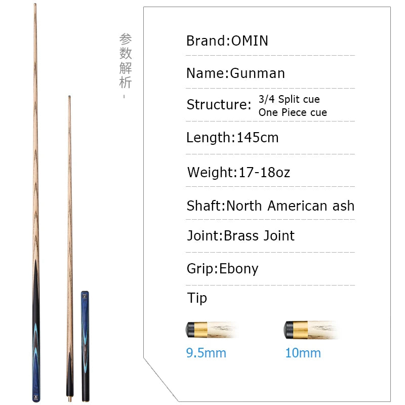 OMIN-Gunman the New Generation Billiard Stick Ash Shaft Snooker Case Supplies 3/4 Split Pool One Piece Cue Tip Size 10mm 9.5mm
