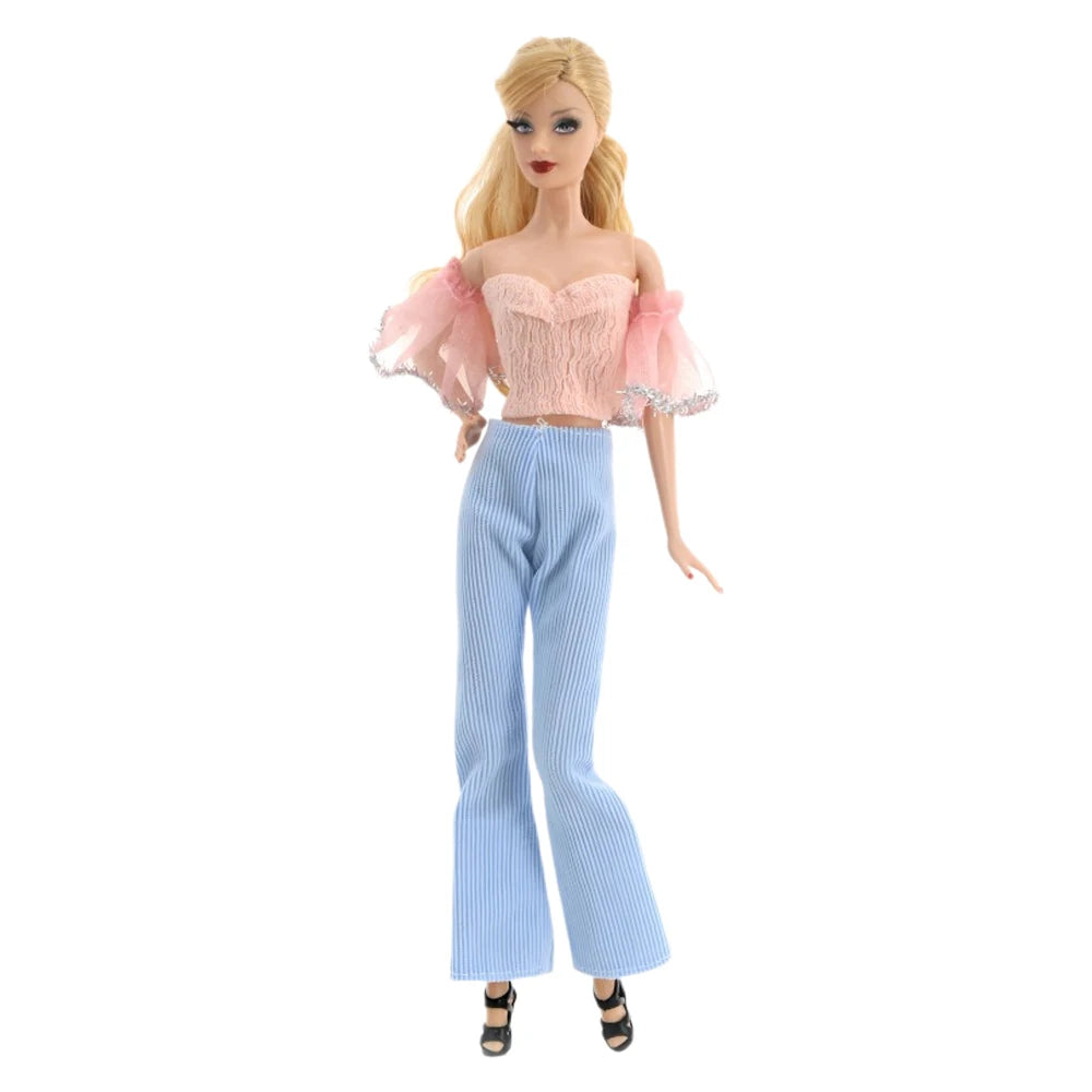 NK New Clothes for Barbie Doll Dress Fashion Pink Top+ Blue Trouseres for 1/6 Dolls Accessories Toys