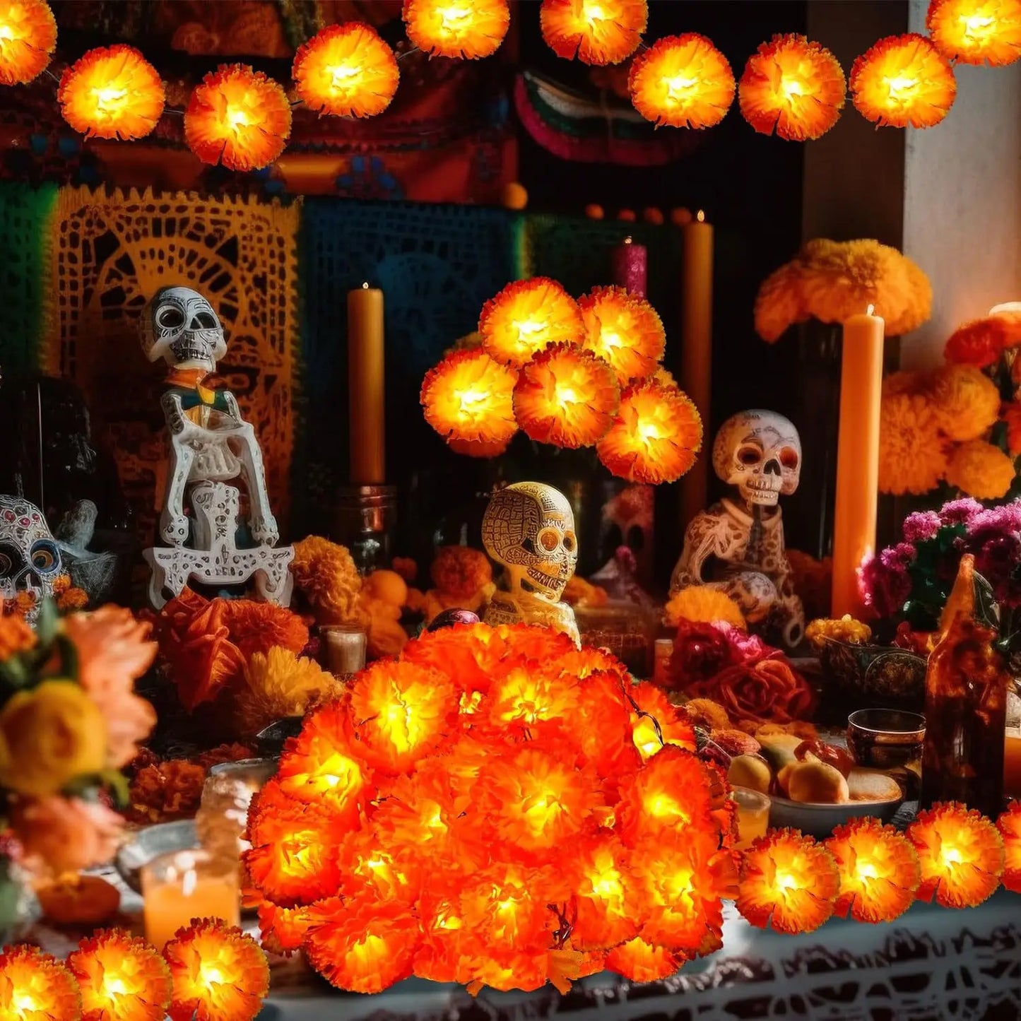 Marigold Garland Light Artificial Marigold Flowers String Light Diwali Decor Halloween Day of the Dead Atmosphere Decorations