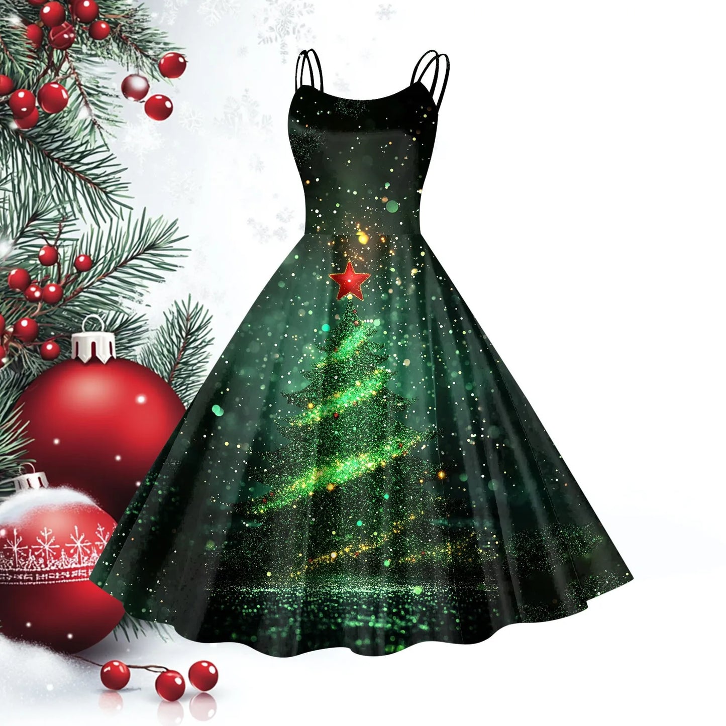 Women Christmas Casual Suspender Dresses Vintage Sleeveless Dress Xmas Party Formal Vestidos Big Hem Swing for Woman Clothing