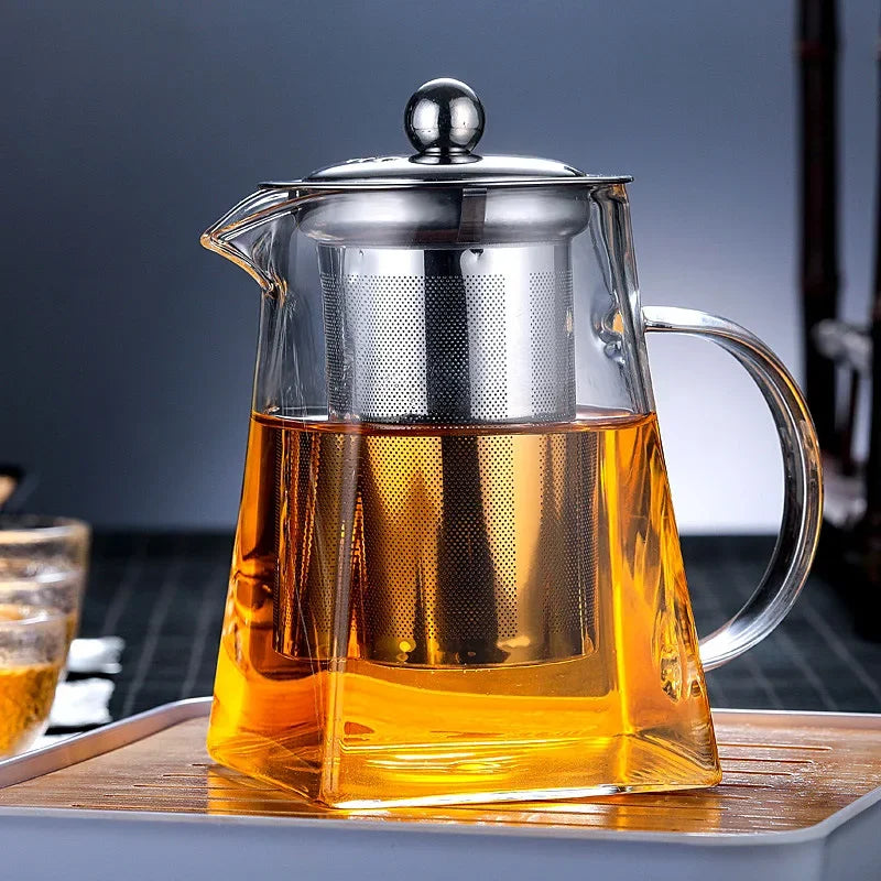 Heat-Resistant Glass Square Teapot With Stainless Steel Filter Baskets, Clear Kettle, Brewing Tea Pot, Heatable Pitcher, Jug