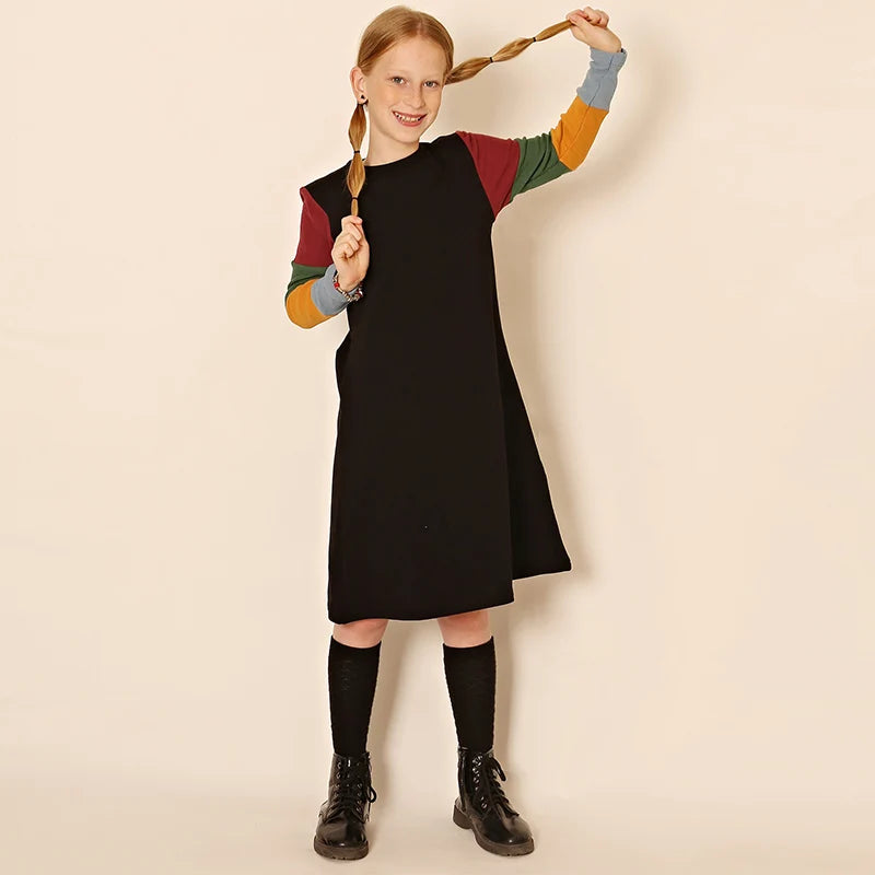 3t-12t Girls Dresses Fall Long Sleeve Clothes Children Color Block Casual T-Shirt Dresses Fashion Cotton Ribbed Knit Midi Dress