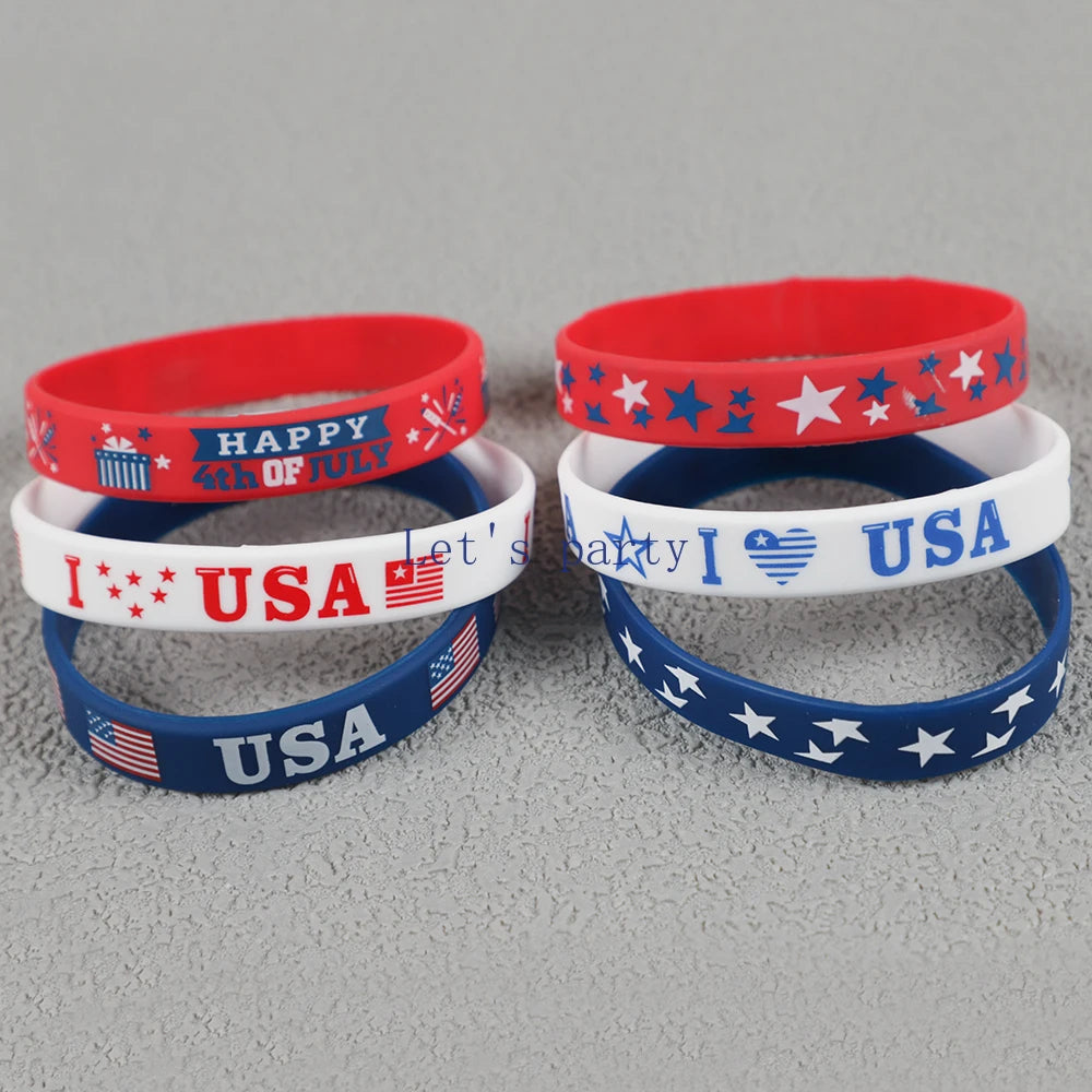 6Pcs Independence Day Theme Bracelet I Love USA Silicone Wristbands for Birthday 4th of July American National Day Party Favors