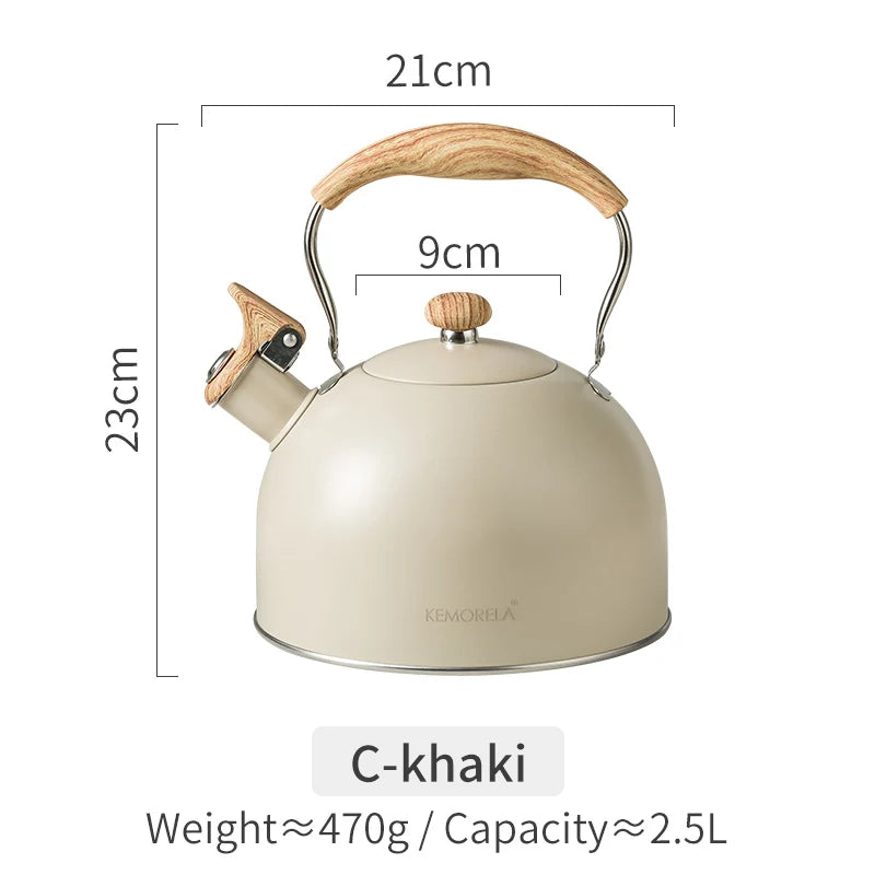 2.5l/3l Whistle Kettle Stainless Steel Antirust Teapot Classic Wood Grain Insulated Handle Make Coffee Milk Flower Tea Teapot