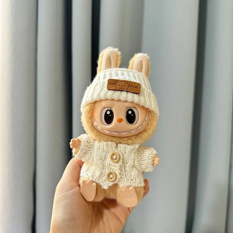Cute Labubu Bunny Doll Accessories With Knitted Clothes Rabbit Ears Hat Heart Sweater for Toy Collectors Labubu Clothes