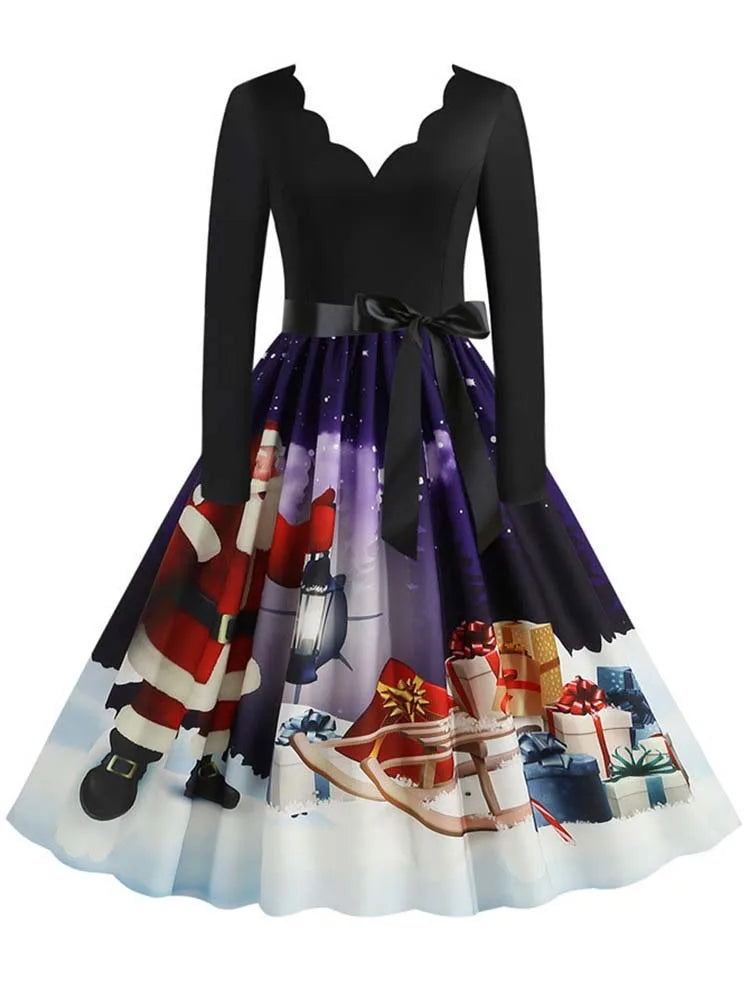 Black Big Swing Print Vintage Christmas Dress Women Winter Casual Long Sleeve v Neck Sexy New Year Party Dress S~3XL