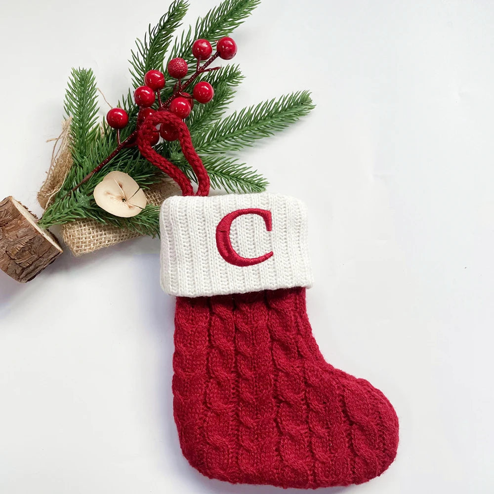Christmas Socks Snowflake Alphabet Letters Christmas Knitting Stocking Christmas Tree Pendant Decoration for Home Xmas Gift 2024