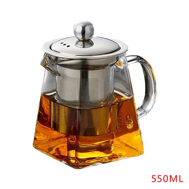 New Heat Resistant Glass Teapot With Stainless Steel Infuser Heated Container Tea Pot Good Clear Kettle Square Filter Baskets
