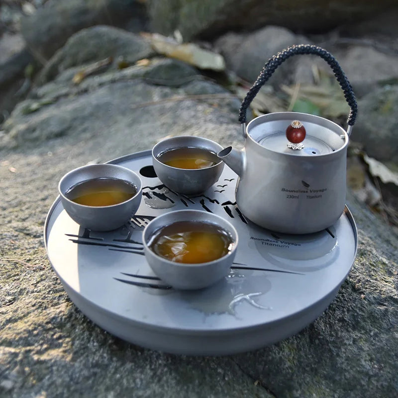 Boundless Voyage Tea Pot Cup Chinese Titanium Kung Fu Tea Set Camping Portable Ultralight Landscape Painting Tea Tray and Kettle