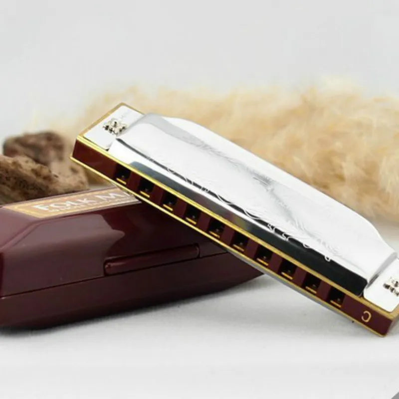 Hot Sale New Silver Suzuki 10 Holes Harmonica Folk Master Mouth Organ C Key Diatonic Blues With Nice Box Instrumentos Musicais