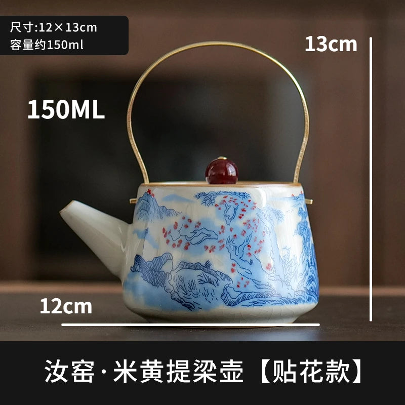 Ru Kiln Simple Lifting Beam Pot Ceramic Kung Fu Tea Set Home Brewing Teapot Office Single Pot Tea Brewer Open Slice