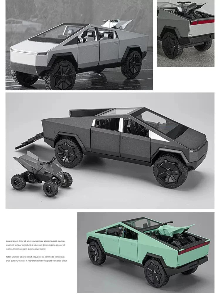 1:24 Tesla Pickup Model Alloy Car Simulation Off-Road Vehicle Sound and Light Pull Back Toy Car Boy Collection Decoration Gift