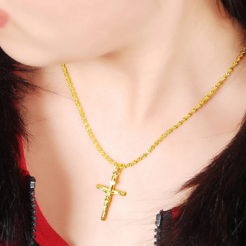 Real 24K Gold Color Cross Pendant & Necklace for Men/Women Gold Chain Religious Christian Jewelry Christmas Gifts