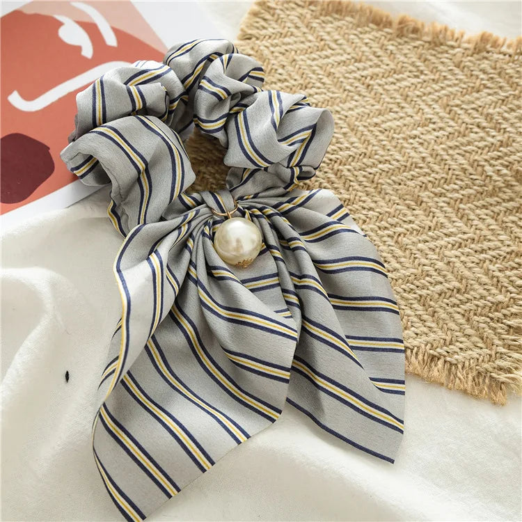 Chiffon Hair Scrunchies Women Fashion Pearl Ponytail Holder Hair Tie Hair Rope Rubber Bands Hair Accessories Bowknot Headwear