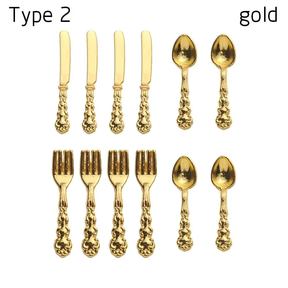 12PCS Gold Silver 1:12 Scale Simulation Toy Dollhouse Furniture Mini Cutlery Doll Accessory Fork Knife Spoon Miniature Cookware