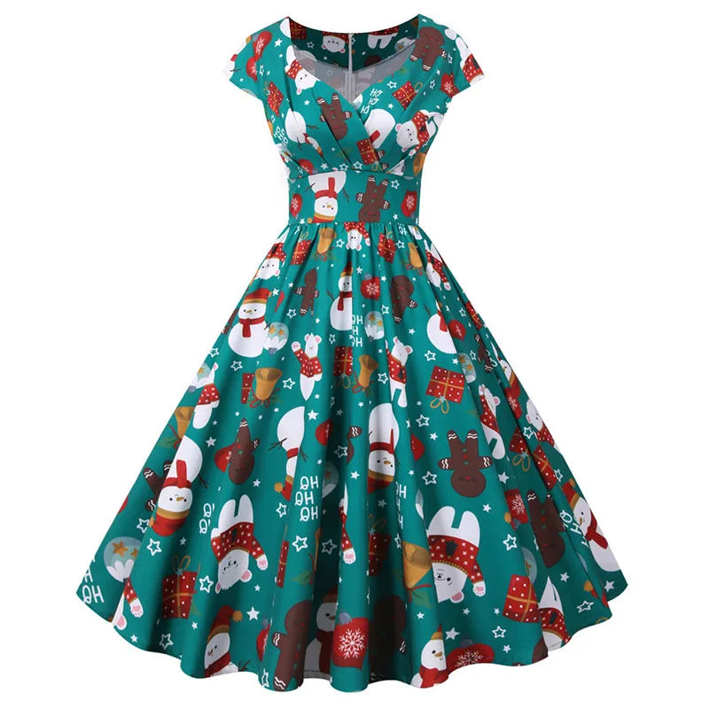 White Print Vintage Christmas Dress Women Winter Big Swing Elegant Short Sleeve v Neck Sexy New Year Party Sundress