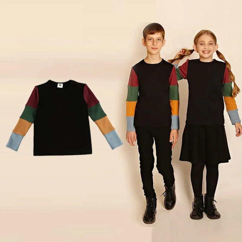 3t-12t Girls Dresses Fall Long Sleeve Clothes Children Color Block Casual T-Shirt Dresses Fashion Cotton Ribbed Knit Midi Dress