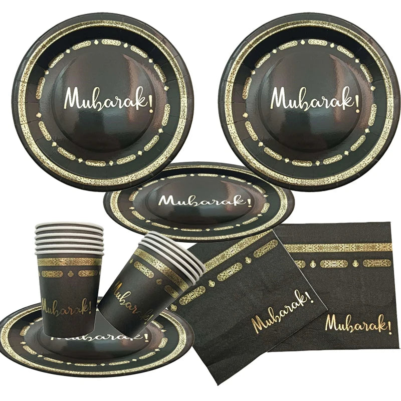 Hot Stamping Eid Mubarak Disposable Paper Plate Cup Napkin Islamic Muslim Eid Al Adha Home Party Decor Ramadan Kareem Supplies