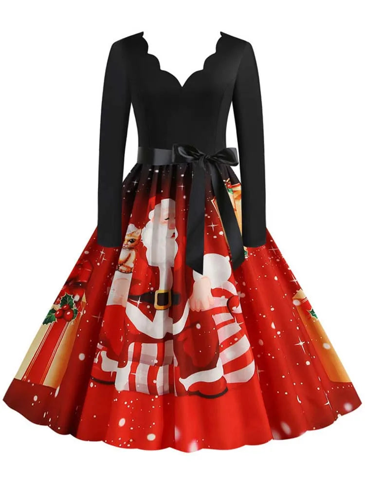 Black Big Swing Print Vintage Christmas Dress Women Winter Casual Long Sleeve v Neck Sexy New Year Party Dress S~3XL