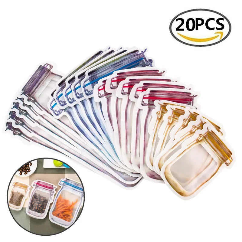 Kitchen Storage 5-20pcs Reusable Mason Jar Zipper Bags Grocery Candy Jar Food Storage Bags Portable Cookies Bags Kitchen Food