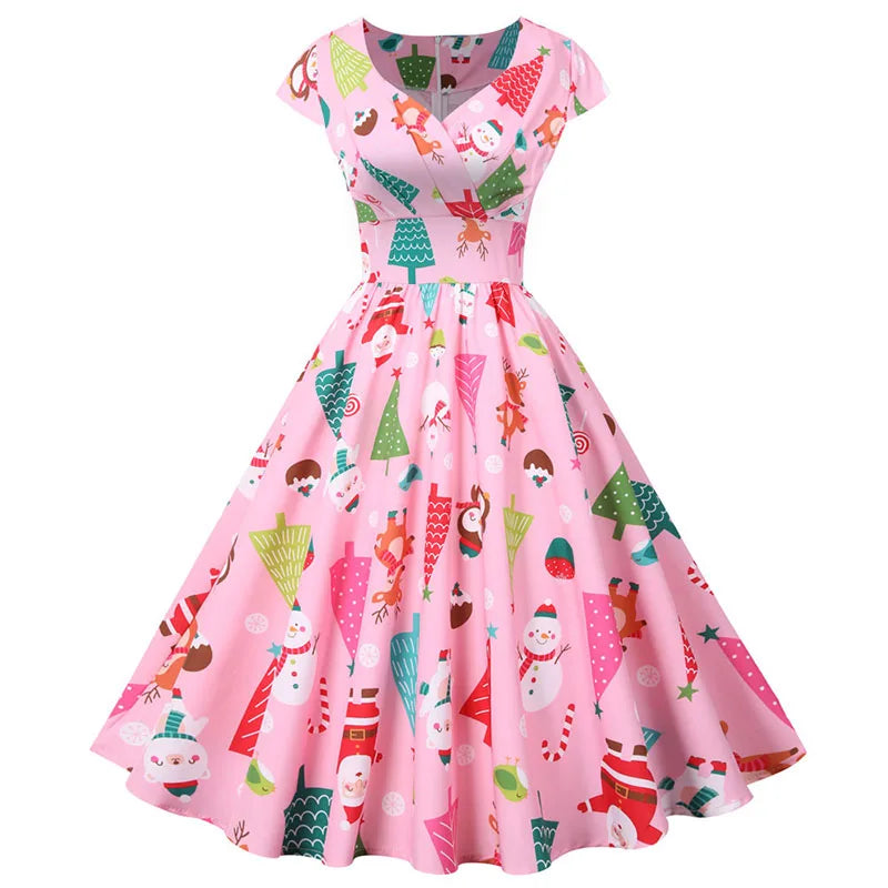 White Print Vintage Christmas Dress Women Winter Big Swing Elegant Short Sleeve v Neck Sexy New Year Party Sundress