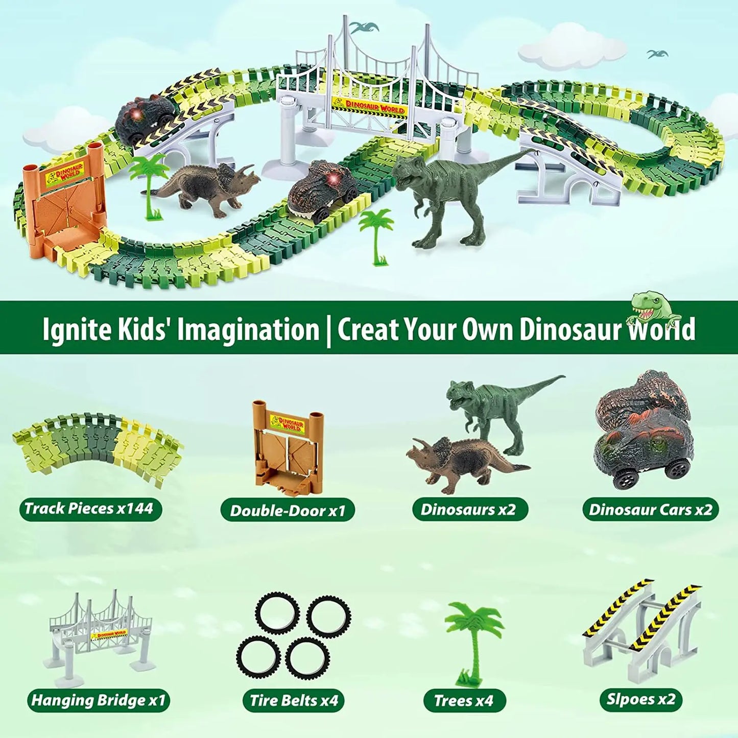 156pcs Dinosaur Railway Car Track Toy Set DIY Assemble Road Race Set With Flexible Track Dinosaur Toys Bridge Ramps Toys for Kid