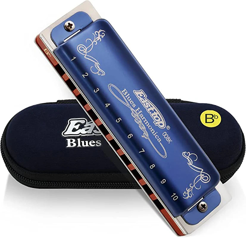 East Top Harmonica 008K Blues Harp Mouth Organ10 Holes 20 Tones Diatonic Blues Harmonica With Blue Case, Top Grade Harmonica