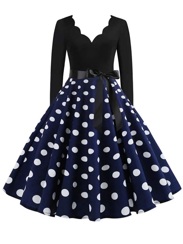 Black Big Swing Print Vintage Christmas Dress Women Winter Casual Long Sleeve v Neck Sexy New Year Party Dress S~3XL