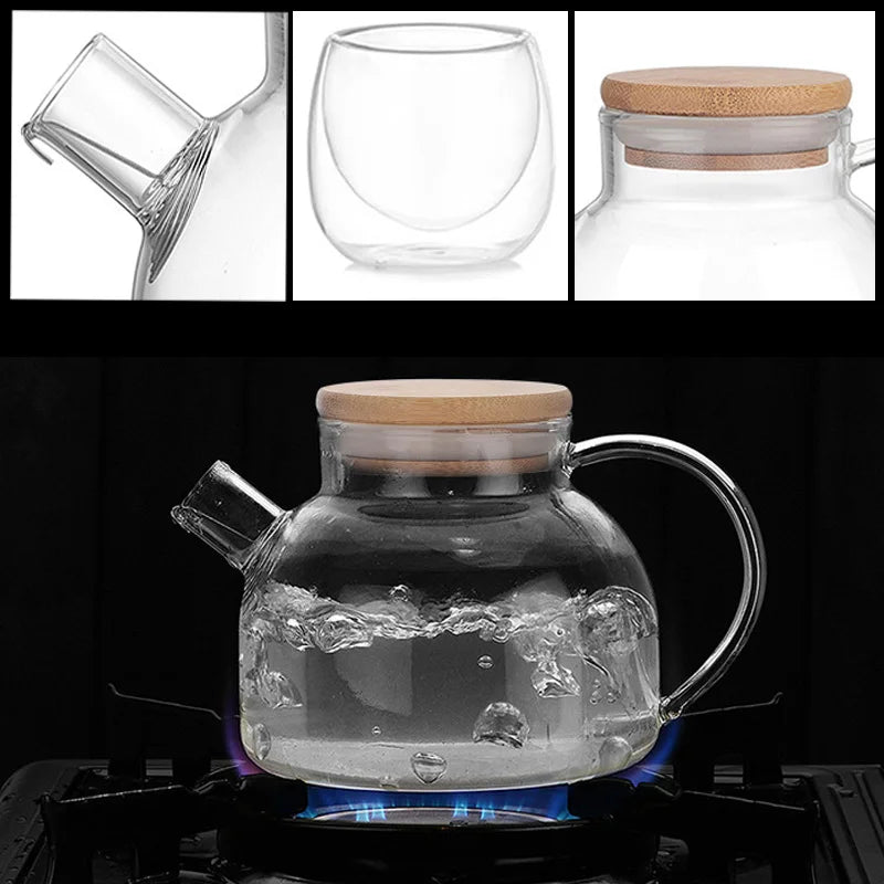 Heat Resistant Glass Tea Infuser Pot With Wooden Cover Flower Tea Puer Kettle Coffee Cup Teapot Set Wzpi