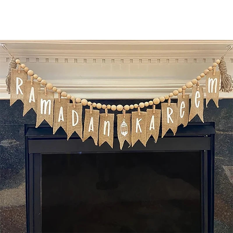 Ramadan Kareem Wood Beads Garland Banner Boho Muslim Islamic Eid Mubarak Rustic Home Wall Mantel Fireplace Decoration Sign Gift