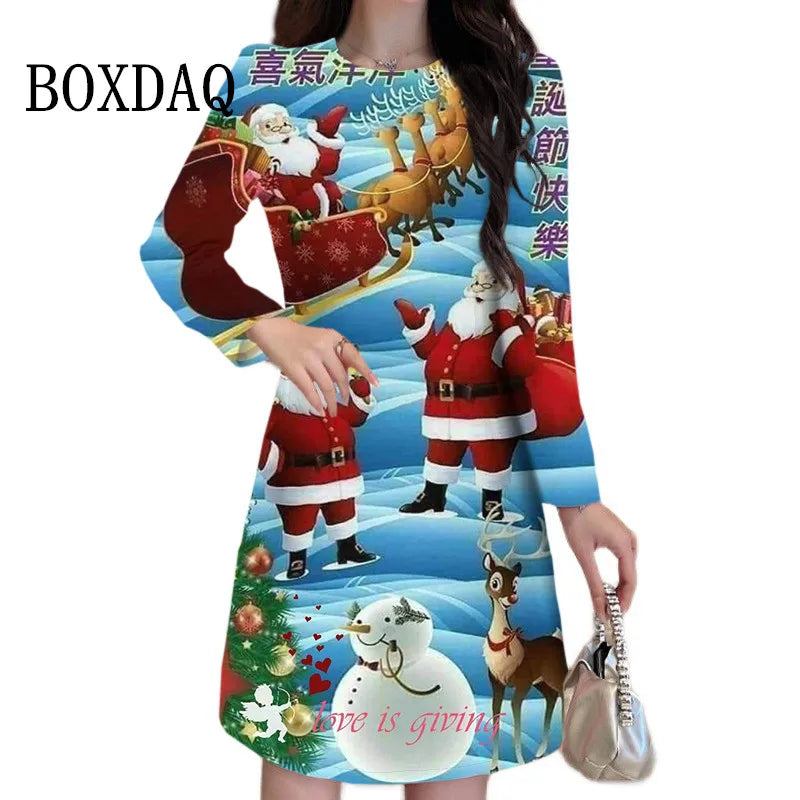 Cartoon Cute Print Women Dress Long Sleeve Santa Claus Pattern Christmas Dress Autumn Winter Casual Party Mini Dresses Plus Size