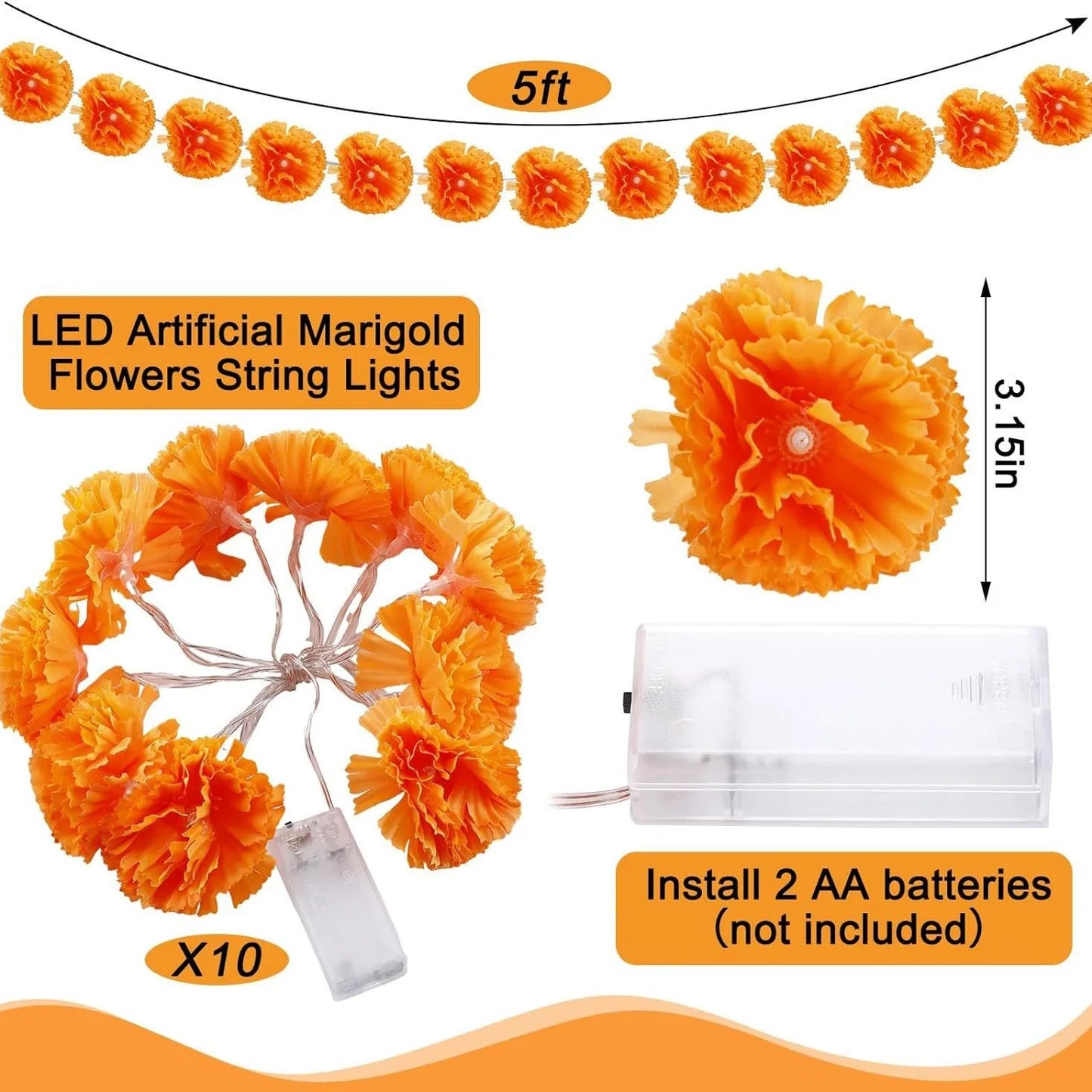 Marigold Garland Light Artificial Marigold Flowers String Light Diwali Decor Halloween Day of the Dead Atmosphere Decorations