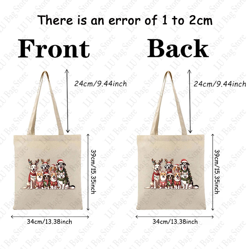 Christmas Dogs Pattern Tote Bag Canvas Shoulder Bag Women's Reusable Shopping Bags Best Gift for Xmas Dog Lover Christmas Gift