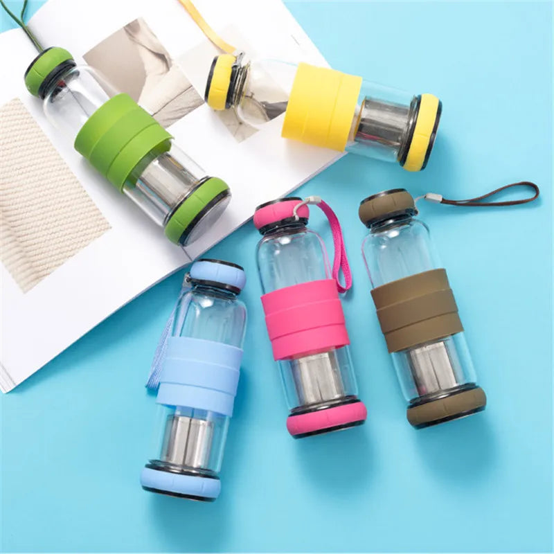 Bpa Free 420/550ml Creative Portable Rope Glass Water Bottle Fruit Juice Kettle Drink Cup Directly Stainless Steel Tea Strainer