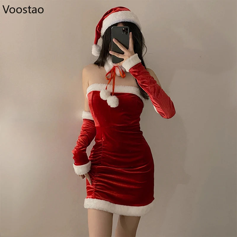 Autumn Winter Christmas Red Dress Women Sexy Plush Patchwork Slim Party Mini Dress Set Female Velvet Super Short Skirt With Hat