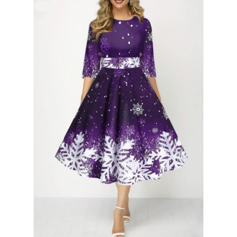 Christmas Style Women's Clothing New Fashion Personality Snowflake Digital Print Temperament Mid Sleeve Waist Cinching Dress Y2k