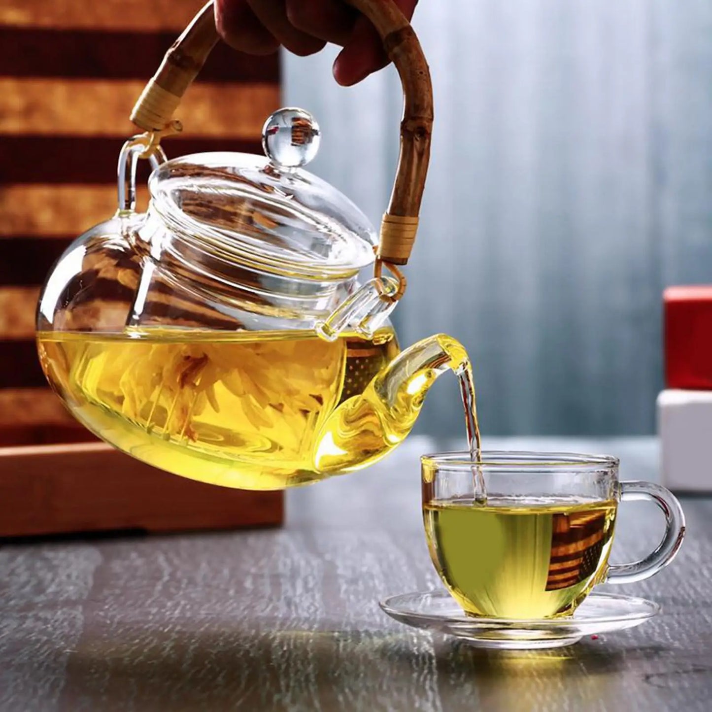 Glass Teapot With Infuser Tea Kettle Wood Handle Water Pitcher for Loose Leaf Juice Milk