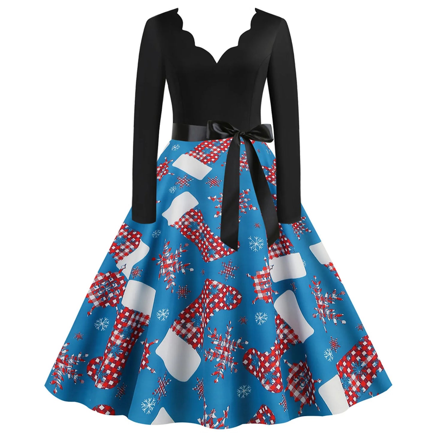 Christmas Long Sleeve Bow Belt Slim Party Women Dress Sexy Elegance Snowfalke Elk Gifts Patchwork v Neck Swing A-Line Dresses