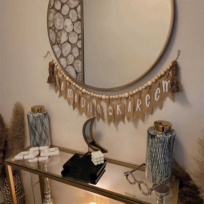 Ramadan Kareem Wood Beads Garland Banner Boho Muslim Islamic Eid Mubarak Rustic Home Wall Mantel Fireplace Decoration Sign Gift