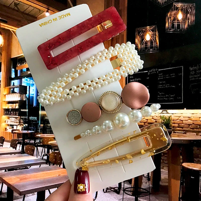 Acrylic Barrettes Headwear Pearl Hair Clip Sets for Women Fashion Geometric Hairpins Hair Accessories Headdress Girl Bobby Clip