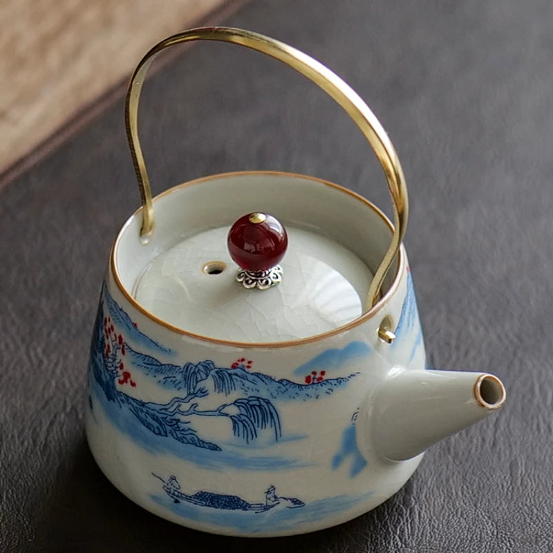 Ru Kiln Simple Lifting Beam Pot Ceramic Kung Fu Tea Set Home Brewing Teapot Office Single Pot Tea Brewer Open Slice