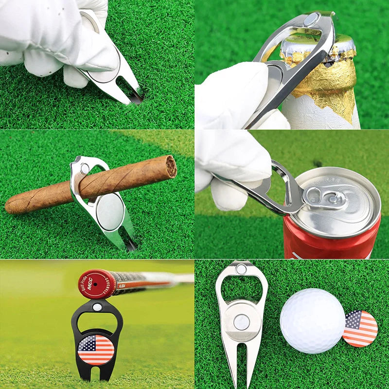 Golf Pitchfork Repair Tool, Pitch Groove Cleaner, Stainless Magnetic Ball Marker, Bottle Opener, Golf Accessories, 1Pc