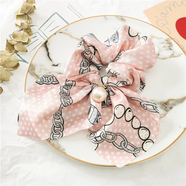 Chiffon Hair Scrunchies Women Fashion Pearl Ponytail Holder Hair Tie Hair Rope Rubber Bands Hair Accessories Bowknot Headwear